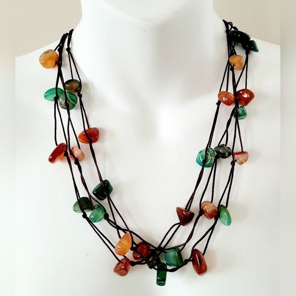 28" length 3-strands natural Red & Green Agate gemstone handmade necklace - Picture 2 of 6